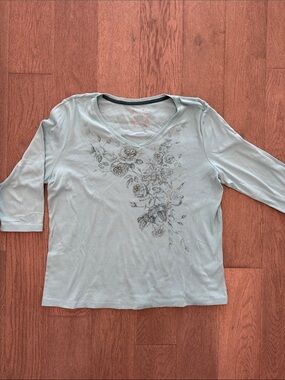 Nicole Miller Women’s XL 3/4 Sleeve Teal Blue Floral Studded Casual Shirt Top